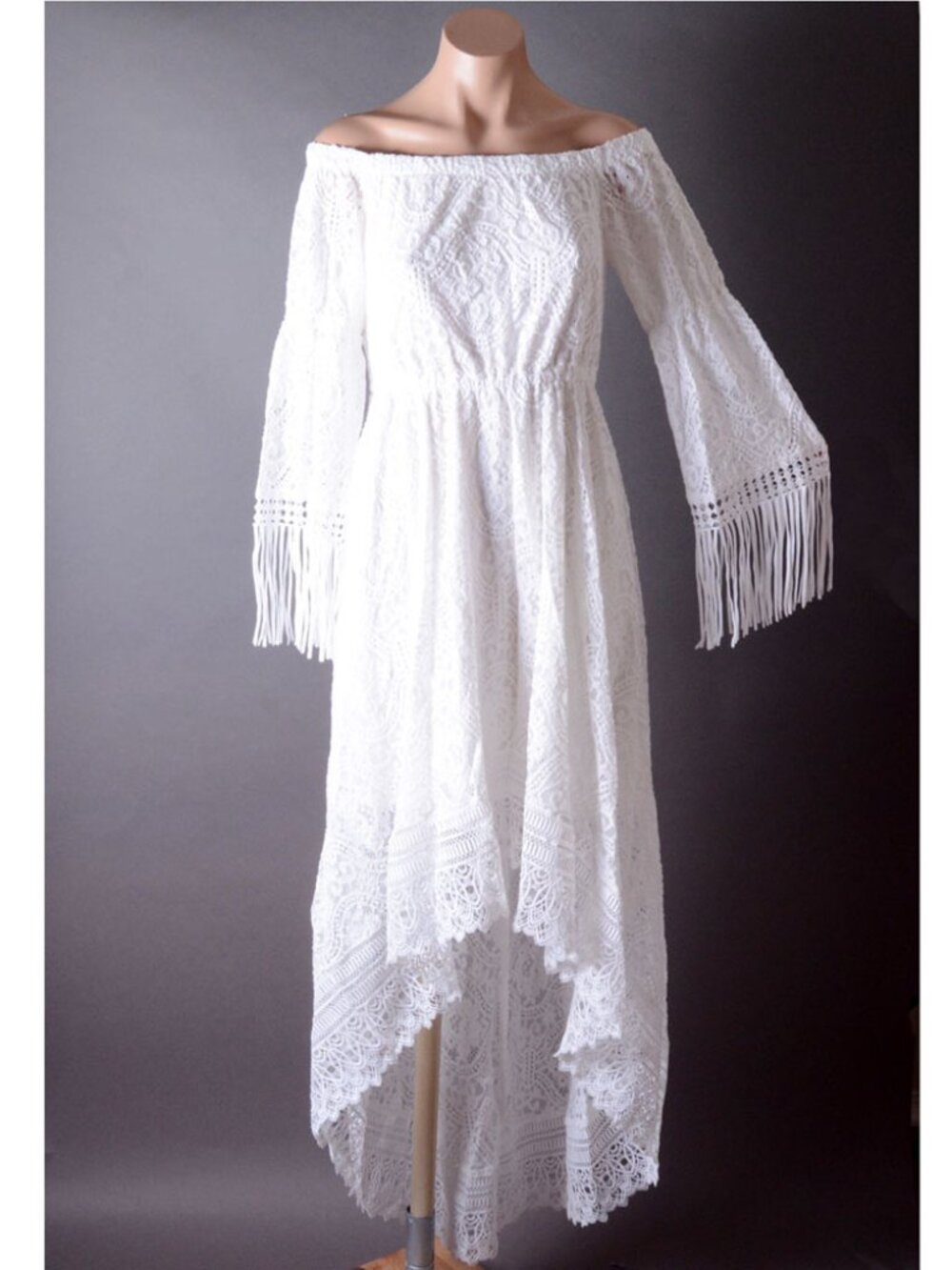 White Wedding Fringe Long Sleeve Lace Off Shoulder Boho Asymmetrical Dress M L